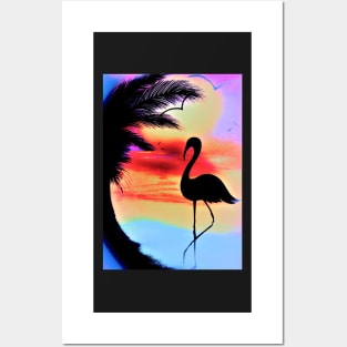 tropical sunset silhouette flamingo Posters and Art